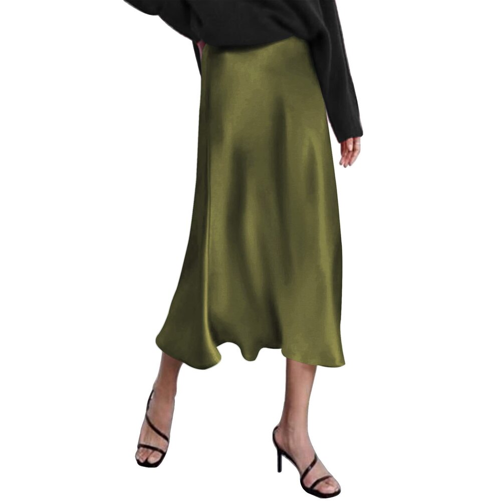 3658 Green Skirt High Waist Satin Long Casual Silk Skirts Silk Skirt Flared